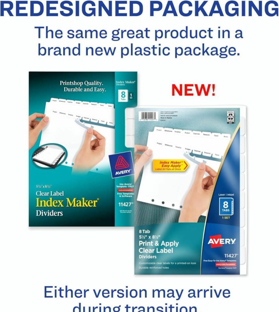 AVERY 8-Tab Mini Binder Dividers, 5.5" x 8.5", White Tabs with Clear Label Strips for Easy Printing, 1 Set (11427)