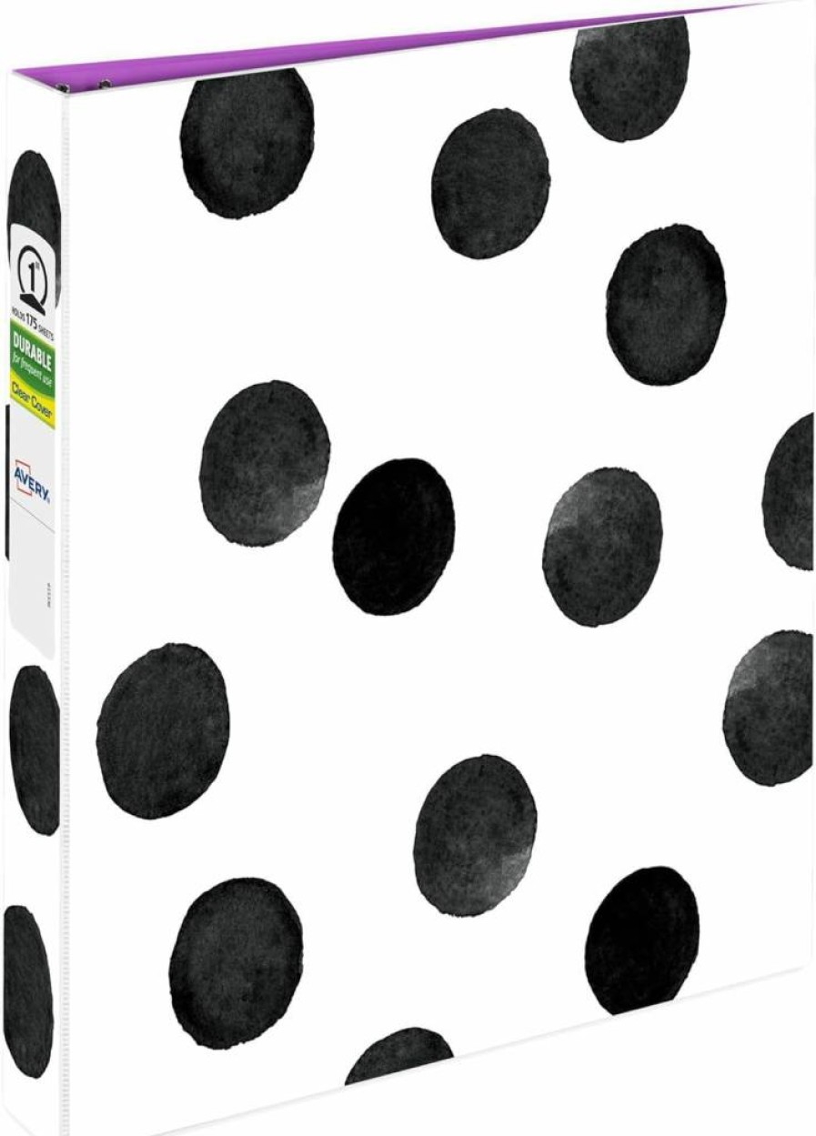 AVERY 26744 1 Inch 3-Ring Binder with Round Rings, Durable Black and White Dot Design, Fashion Binder for School or Office