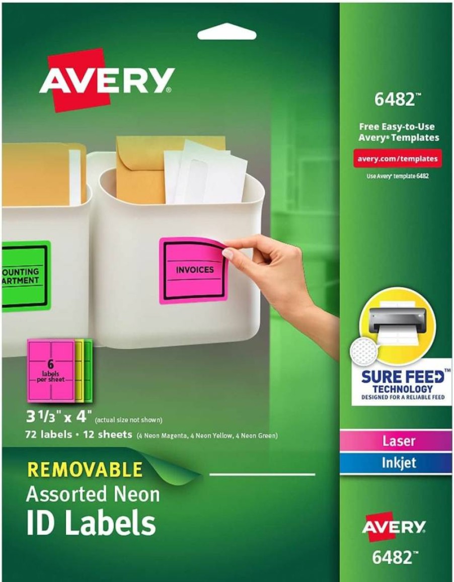 AVERY Removable Neon Color Multipurpose Labels, 3.33" x 4", Assorted Pack