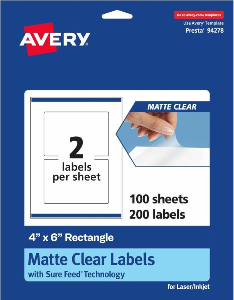 Avery Matte Clear Rectangle Labels 4" x 6" - 50 Pack, Sure Feed Technology, Print-To-The-Edge, Laser/Inkjet Printable, Durable Adhesive