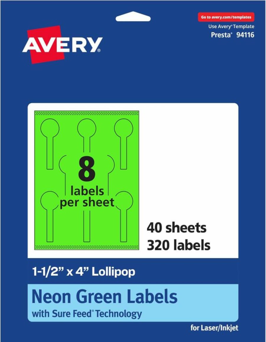Avery Neon Green Printable Lollipop Labels 1-1/2" x 4" - Sure Feed Technology, Print-To-The-Edge for Laser/Inkjet, 320 Pack - Perfect for Jars, Baking Seal Stickers