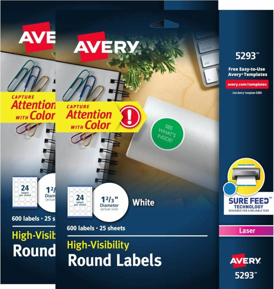 AVERY 32135 White High Visibility Round Labels, 1-2/3" Diameter, Permanent Adhesive, Sure Feed Technology, 2 Packs (1,200 Labels Total)