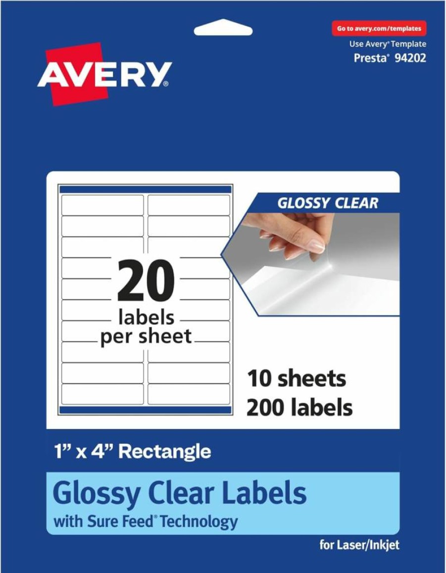 Avery Glossy Clear Rectangle Labels 1" x 4" - 200 Pack, Sure Feed Technology, Laser/Inkjet Printable, High-Quality Glossy Finish