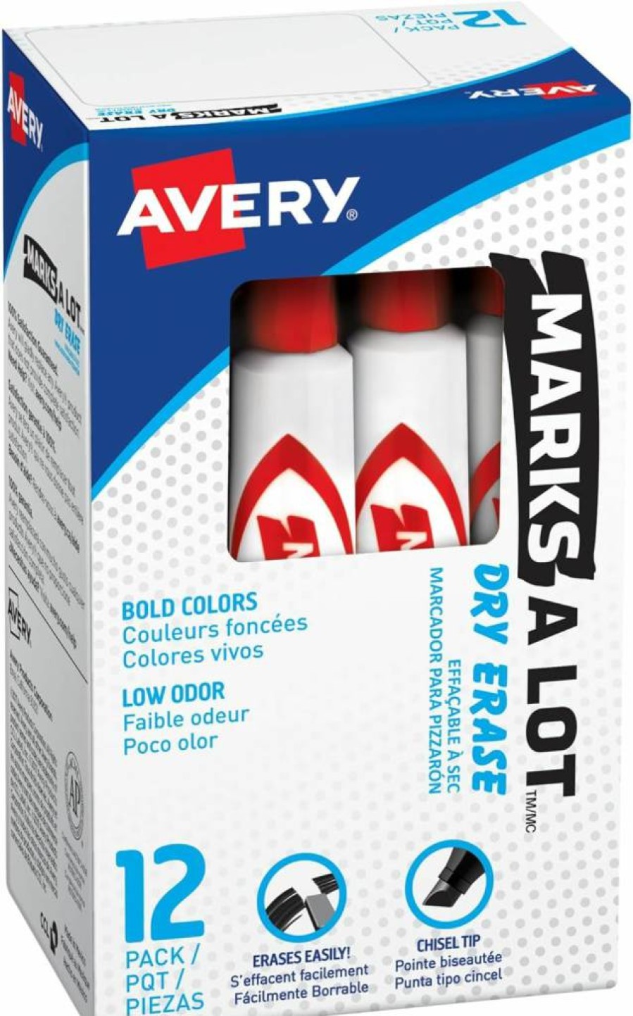 Avery Dry Erase Markers, Chisel Tip, Low Odor, 12 Pack Red Whiteboard Markers for Classroom, Office & School Supplies (24407)