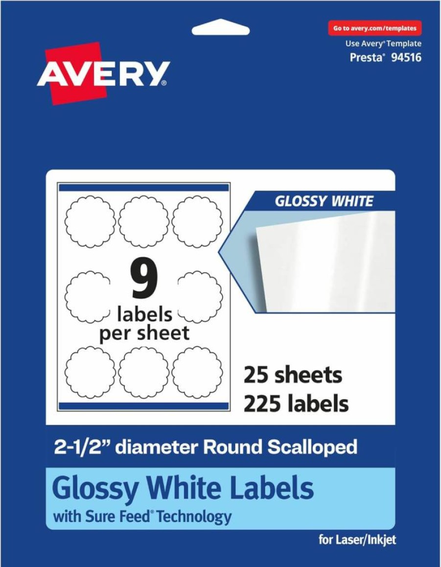 Avery Glossy White Round Scalloped Labels 2.5" - 90-Pack, Sure Feed Technology, Permanent Adhesive, Print-to-Edge for Laser/Inkjet Printers