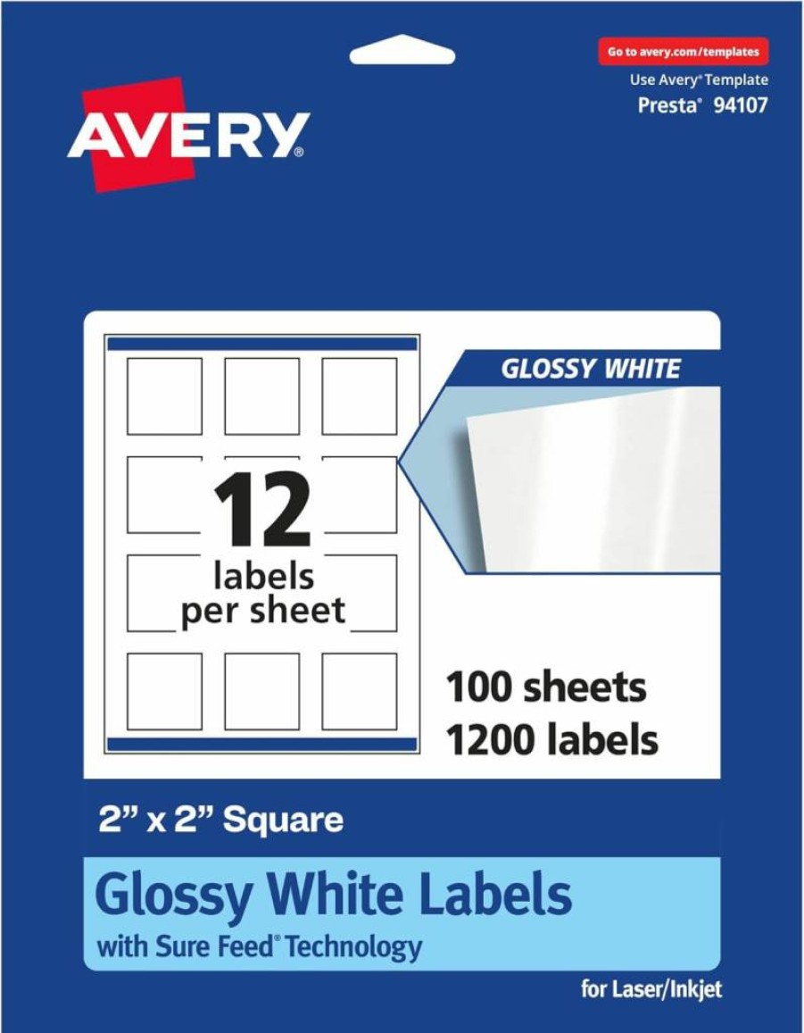 Avery 36476 Glossy White Square Labels, 2" x 2", 120-Pack, Sure Feed Technology for Laser/Inkjet Printers