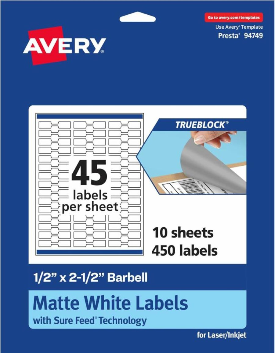 Avery Trueblock Matte White Barbell Labels, 0.5" x 2.5", 450 Labels, Laser/Inkjet Printable, Sure Feed Technology, for Jewelry & Product Merchandising