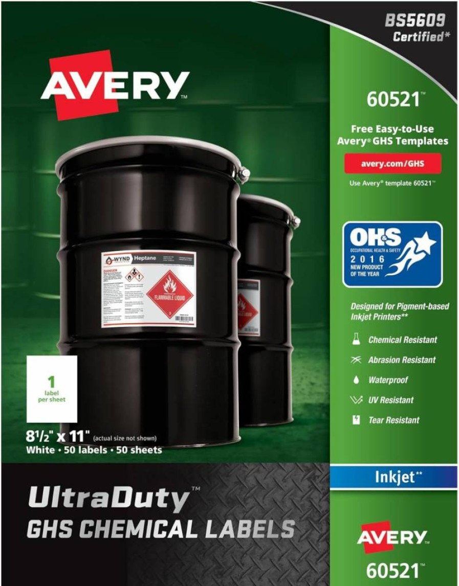 Avery Ultra Duty GHS Chemical Labels for Inkjet Printers, Waterproof, UV Resistant, 8.5" x 11" Sheet (60521) - OSHA Compliant Hazard Safety Labels
