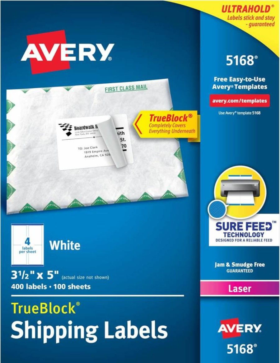 Avery 5168 Printable Shipping Labels, 3.5" x 5", White, 400 Blank Mailing Labels for Laser Printers with Sure Feed Technology