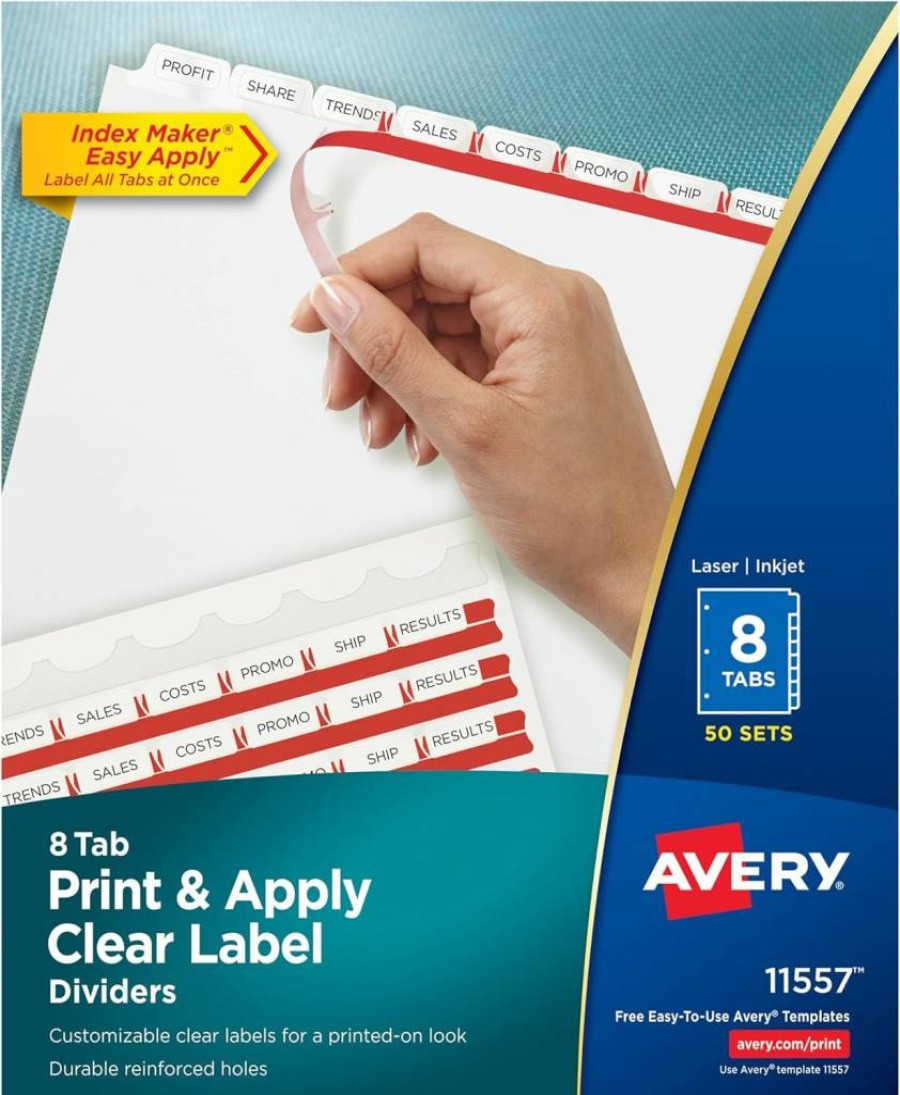 AVERY 5-Tab Dividers for 3-Ring Binder, Customizable White Index Tabs with Clear Label Strips, Easy Print & Apply, 4-Pack of 50 Sets (200 Total Tabs) 11556