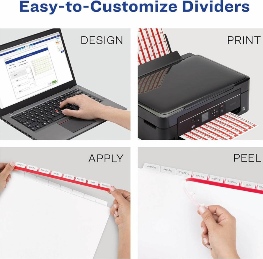 AVERY 5-Tab Dividers for 3-Ring Binder, Customizable White Index Tabs with Clear Label Strips, Easy Print & Apply, 4-Pack of 50 Sets (200 Total Tabs) 11556