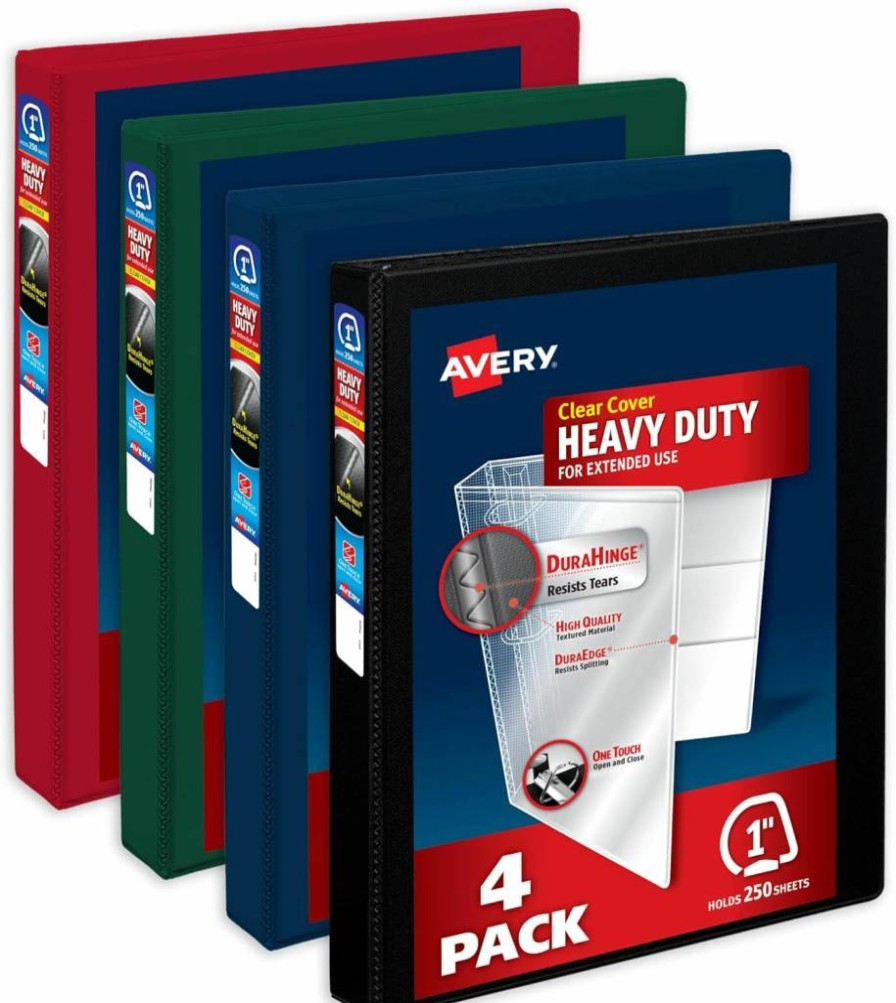 AVERY 1.5 Inch 3-Ring Binders with One-Touch Slant Rings, 375-Sheet Capacity, DuraHinge Technology, Customizable Clear Cover, Pastel Colors (4-Pack, Model 79634)