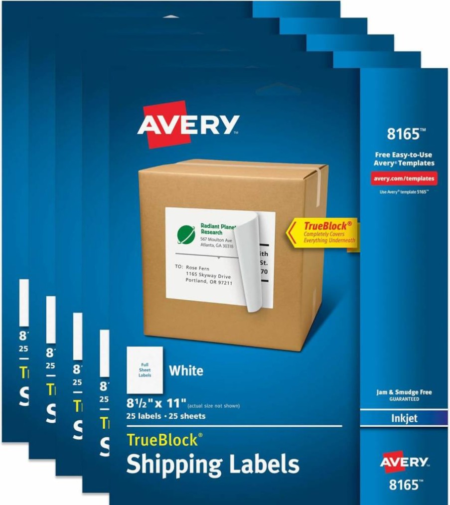 AVERY 8165 Full-Sheet Printable Shipping Labels, 8.5" x 11" White Customizable Stickers, 25-Pack Blank Mailing Labels for Shipping, Organizing, Mailing & More