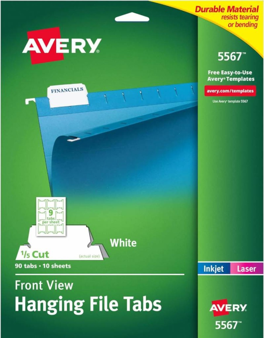 Avery 5567 Printable Hanging File Folder Tabs, 1/5 Cut, White, 90-Pack for Office Organization