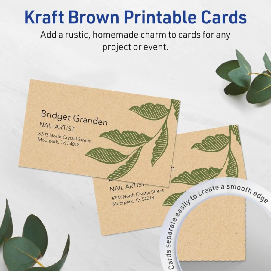 AVERY Printable Kraft Brown Business Cards, 2" x 3.5", Sure Feed Technology, Print-To-The-Edge, Laser/Inkjet Compatible, 80-Pack (85113)