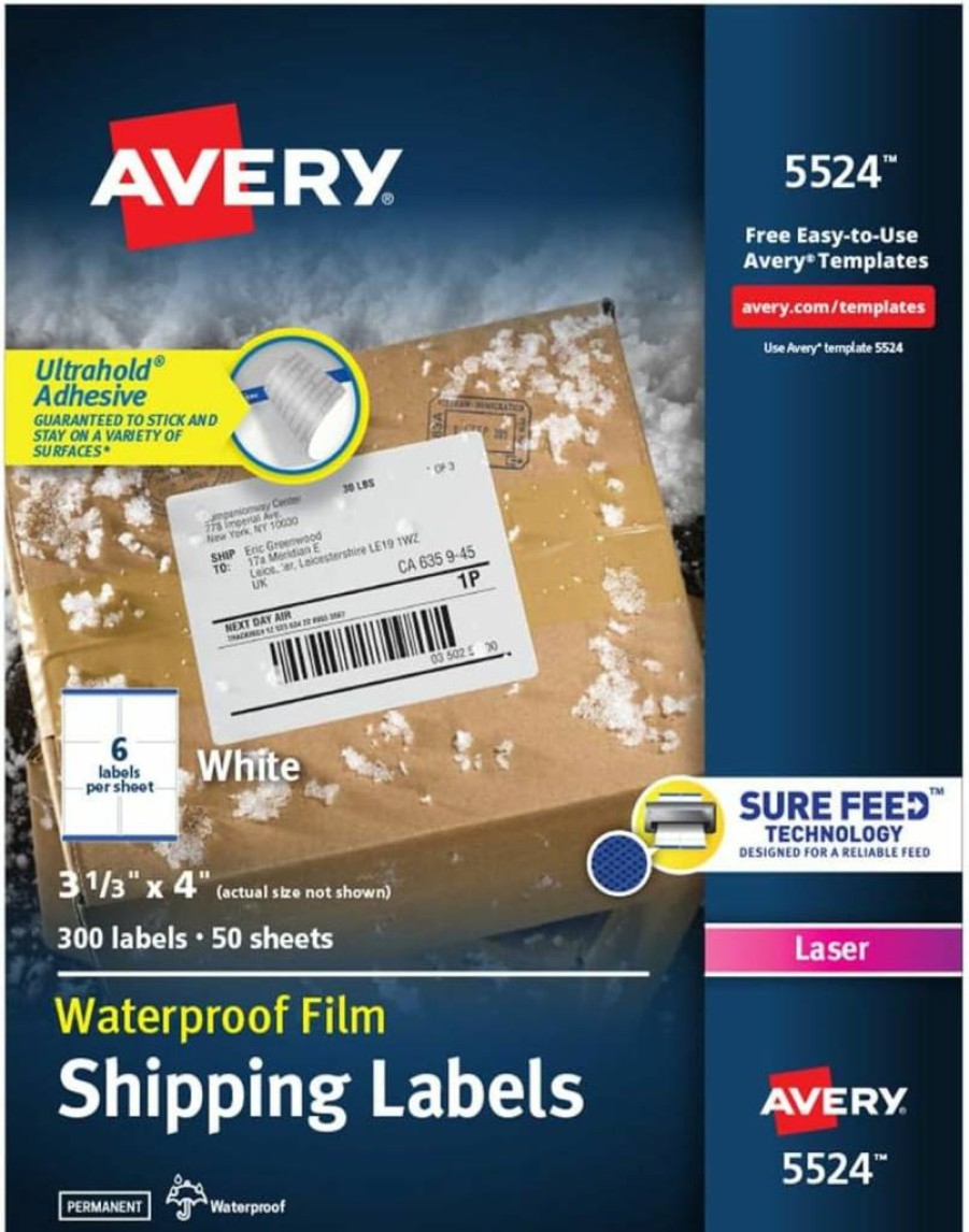 Avery Ultrahold Permanent Waterproof Labels 3.33" x 4" for Laser Printers, 5-Pack with 300 Adhesive Labels (05524)