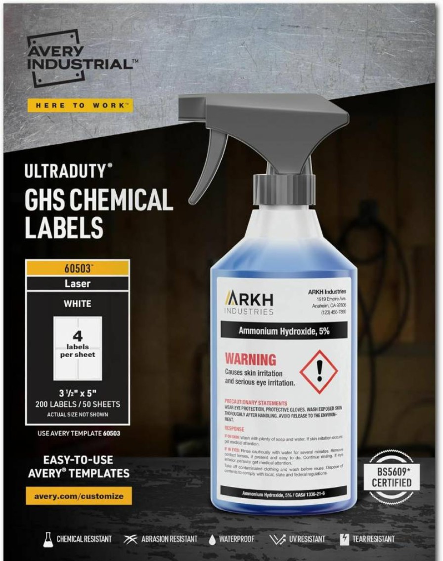 Avery 60503 Ultraduty GHS Chemical Labels - 3.5" x 5", Waterproof, UV Resistant, Laser Printer Compatible, 200-Pack