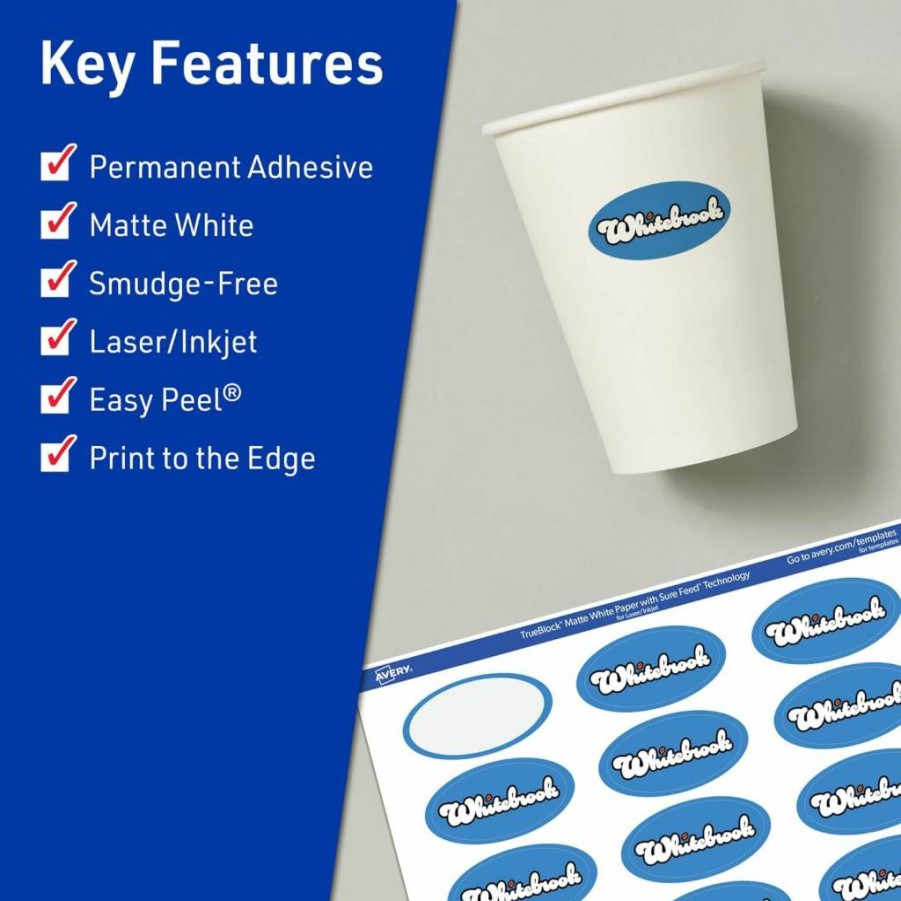Avery Trueblock Matte White Oval Labels 1-1/8" x 2-1/4" - 210 Pack, Sure Feed Technology, Laser/Inkjet Printable, Print-to-Edge, Waterproof, for Packaging & Product Labeling