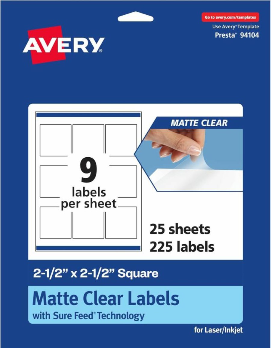 Avery Matte Clear Square Labels 2.5" x 2.5" - 90-Pack, Laser/Inkjet Printable, Sure Feed Technology, Durable Adhesive for Professional Use