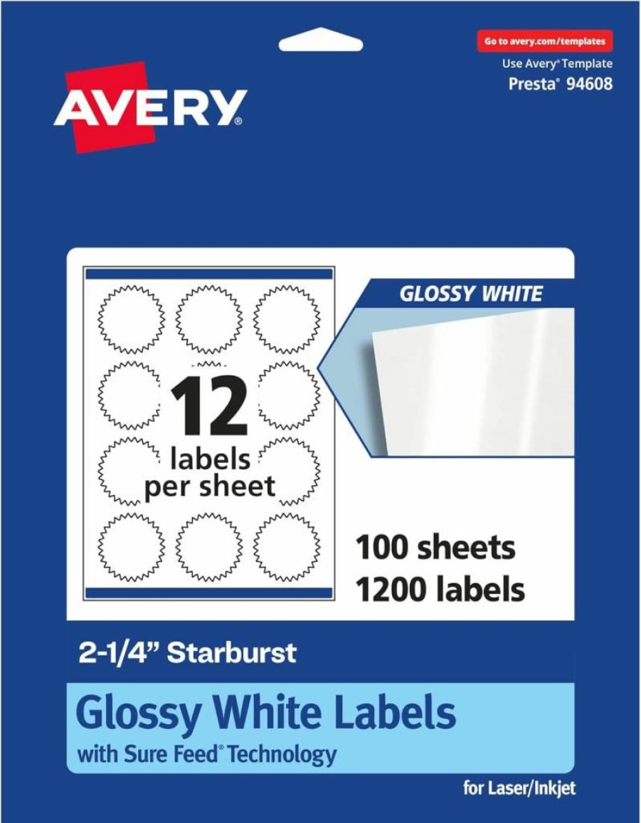 Avery Glossy White Starburst Labels 2.25" - 120 Pack, Sure Feed Technology, Print-To-The-Edge for Laser/Inkjet, Permanent Adhesive, High-Shine Labels for Professional Printing
