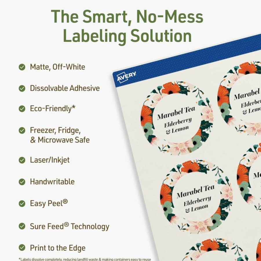 AVERY Matte White Dissolvable Round Labels 2" Diameter, Sure Feed Technology, Print-To-The-Edge, Laser/Inkjet Printable, 60-Pack