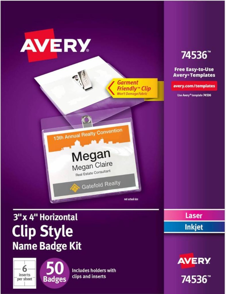 Avery 74536 Customizable Clip-On Name Badges, 3" x 4" Clear Plastic Holders with 50 White Printable Inserts for Laser/Inkjet Printing
