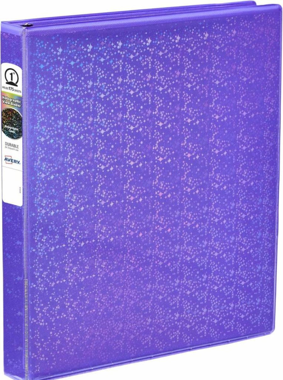 AVERY 03226 Holographic Violet 3-Ring Binder with Customizable Cover, 1 Inch Round Rings, Durable Luxury Binder for School or Office