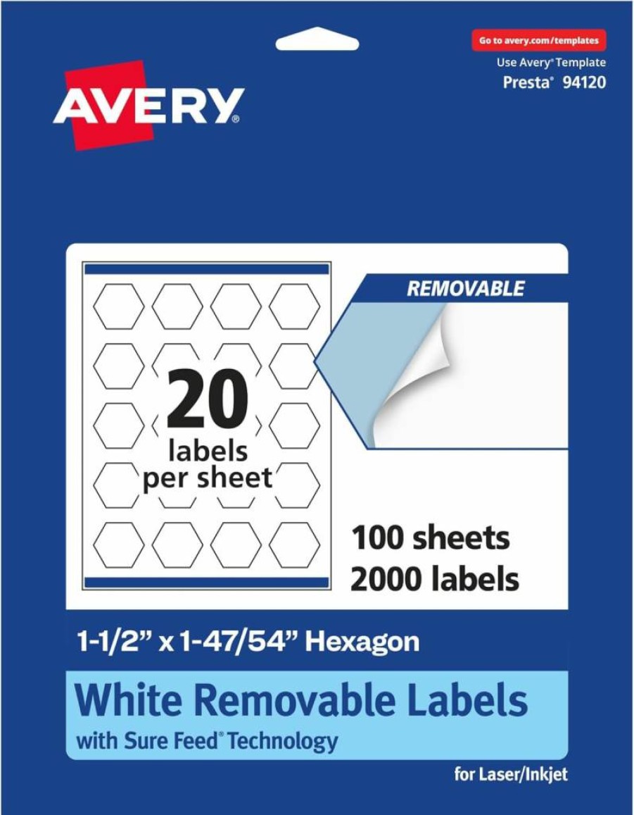 AVERY Matte White Removable Hexagon Labels, 1.5" x 1.75", 300-Pack, Sure Feed for Laser/Inkjet Printers, Print-To-The-Edge Design