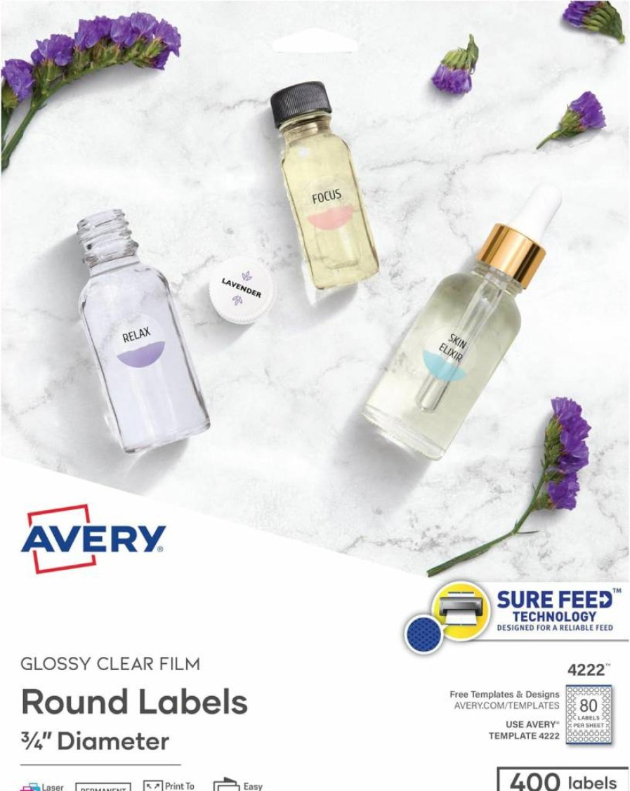 Avery 4222 Round Printable Labels, 3/4" Diameter, Glossy Clear, 400 Customizable Labels with Sure Feed Technology