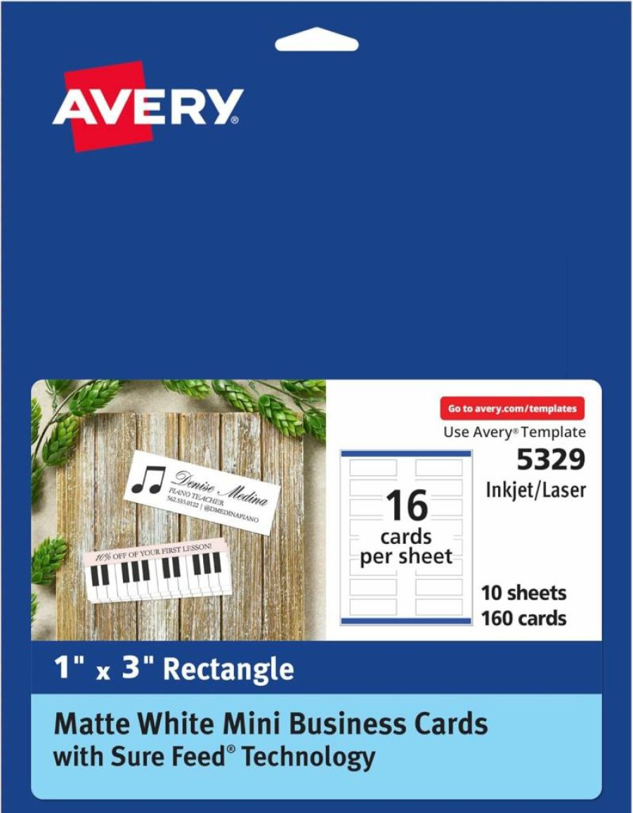 AVERY 5329 Matte White Mini Business Cards, 1" x 3", 160-Pack, Sure Feed Technology, Print-To-The-Edge, Compatible with Laser & Inkjet Printers