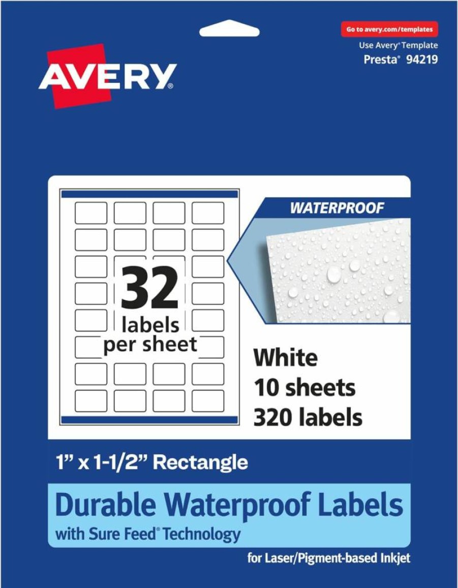 Avery 1" x 1.5" Waterproof Rectangle Labels, 320 Pack, Sure Feed Technology, Oil & Tear-Resistant, Laser/Inkjet Printable, Print-To-The-Edge Design