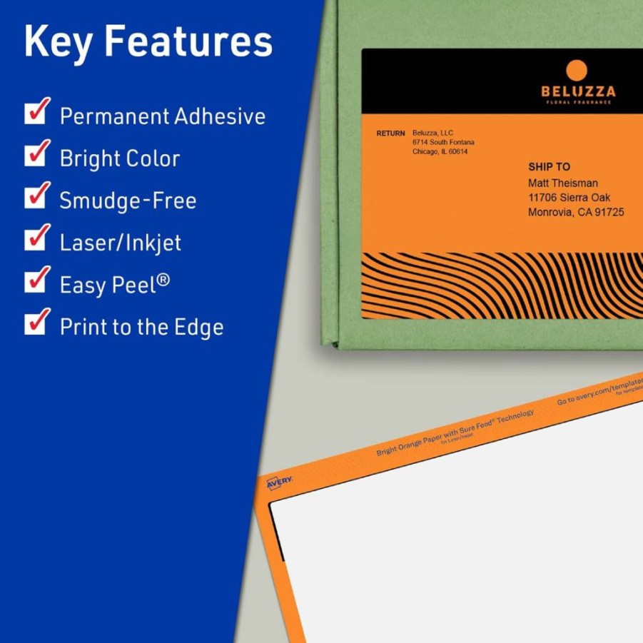 Avery Bright Orange Printable Labels 4.75" x 7.75" - Sure Feed, Laser/Inkjet Compatible, 20-Pack for Shipping & Packaging