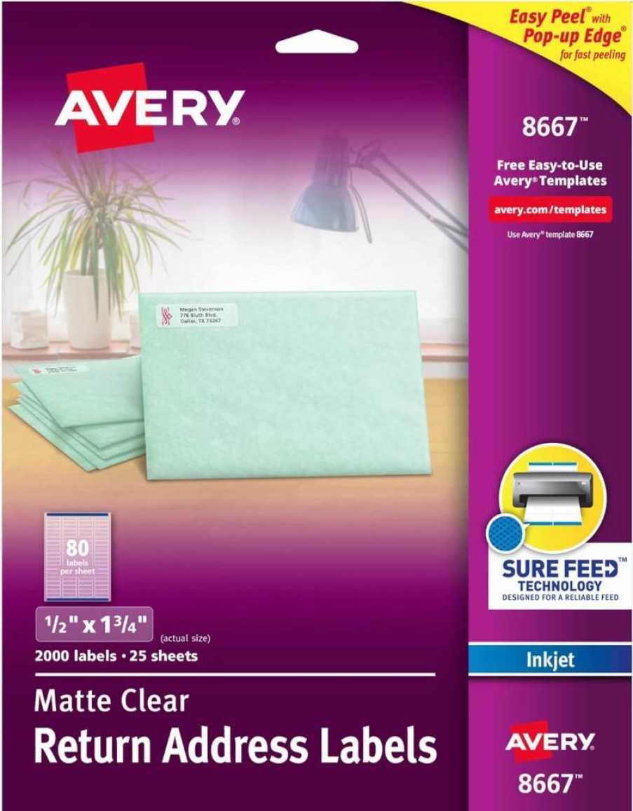 AVERY 8667 Matte Clear Return Address Labels for Inkjet Printers, 1/2" x 1-3/4", 2000 Labels in 5 Packs, Sure Feed Technology