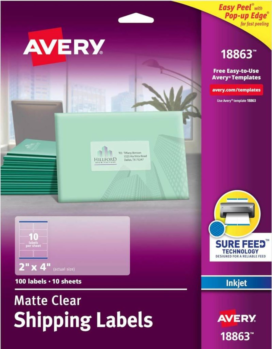 Avery 18863 Printable Shipping Labels, 2" x 4" Matte Clear Mailing Labels, 100 Blank Labels with Sure Feed Technology