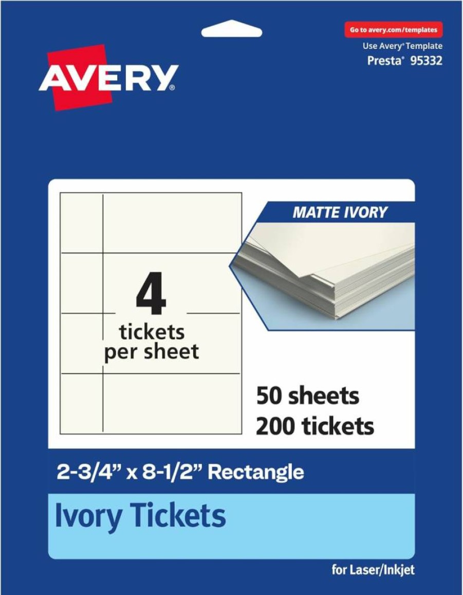 Avery Matte Ivory Printable Tickets 2.75" x 8.5" - Laser/Inkjet Compatible Cardstock, 200 Pack