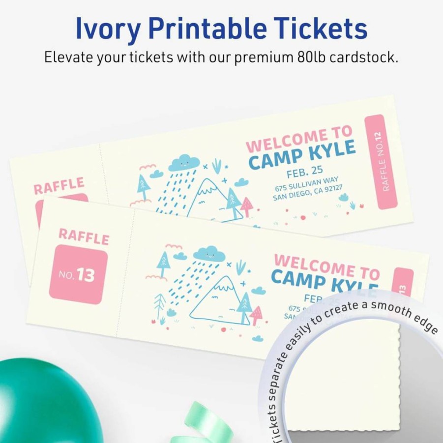 Avery Matte Ivory Printable Tickets 2.75" x 8.5" - Laser/Inkjet Compatible Cardstock, 200 Pack