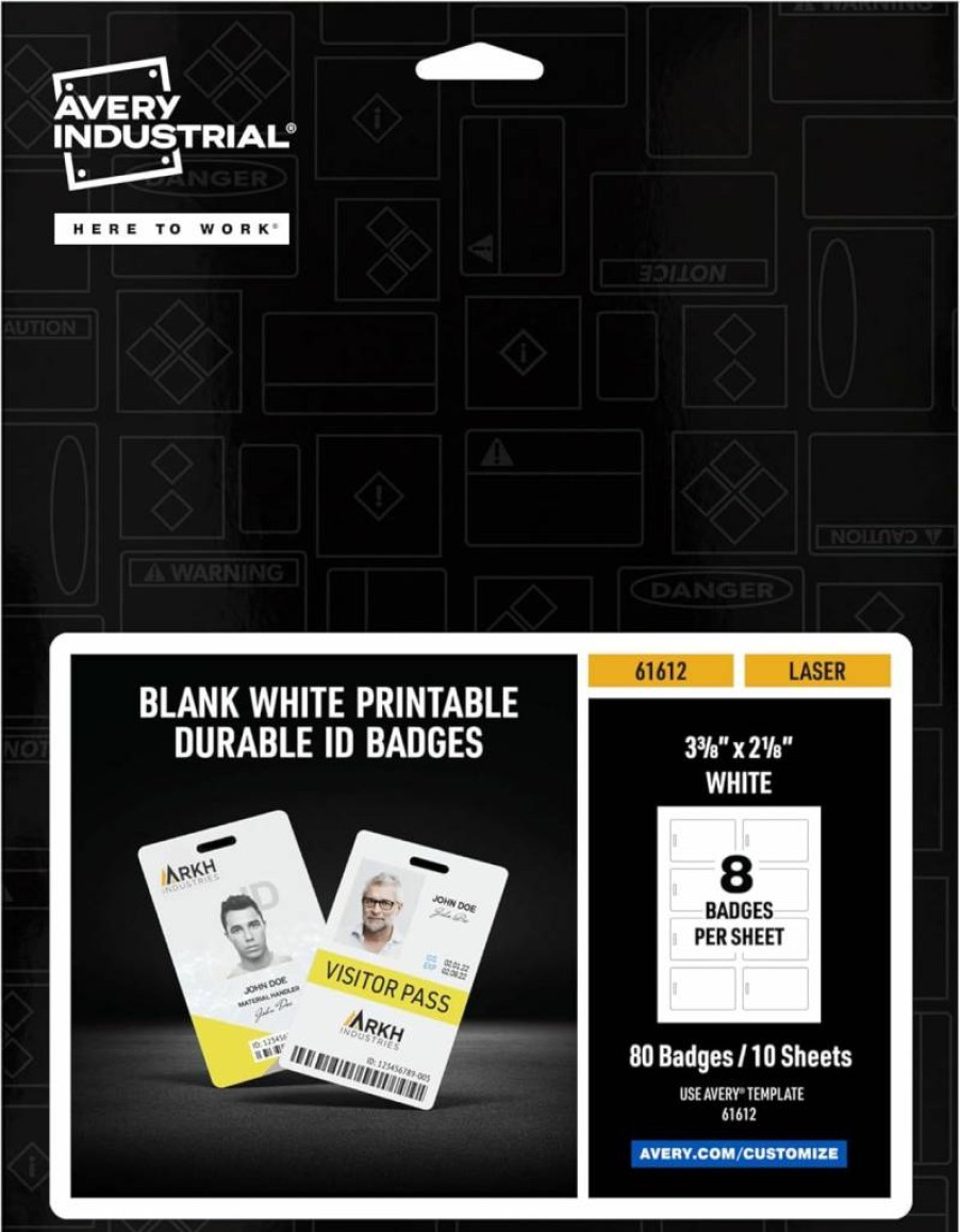 AVERY 61611 Laser Printable Blank White ID Badges, 3.375" x 2.125", 80-Pack, Durable Double-Sided for Lanyards