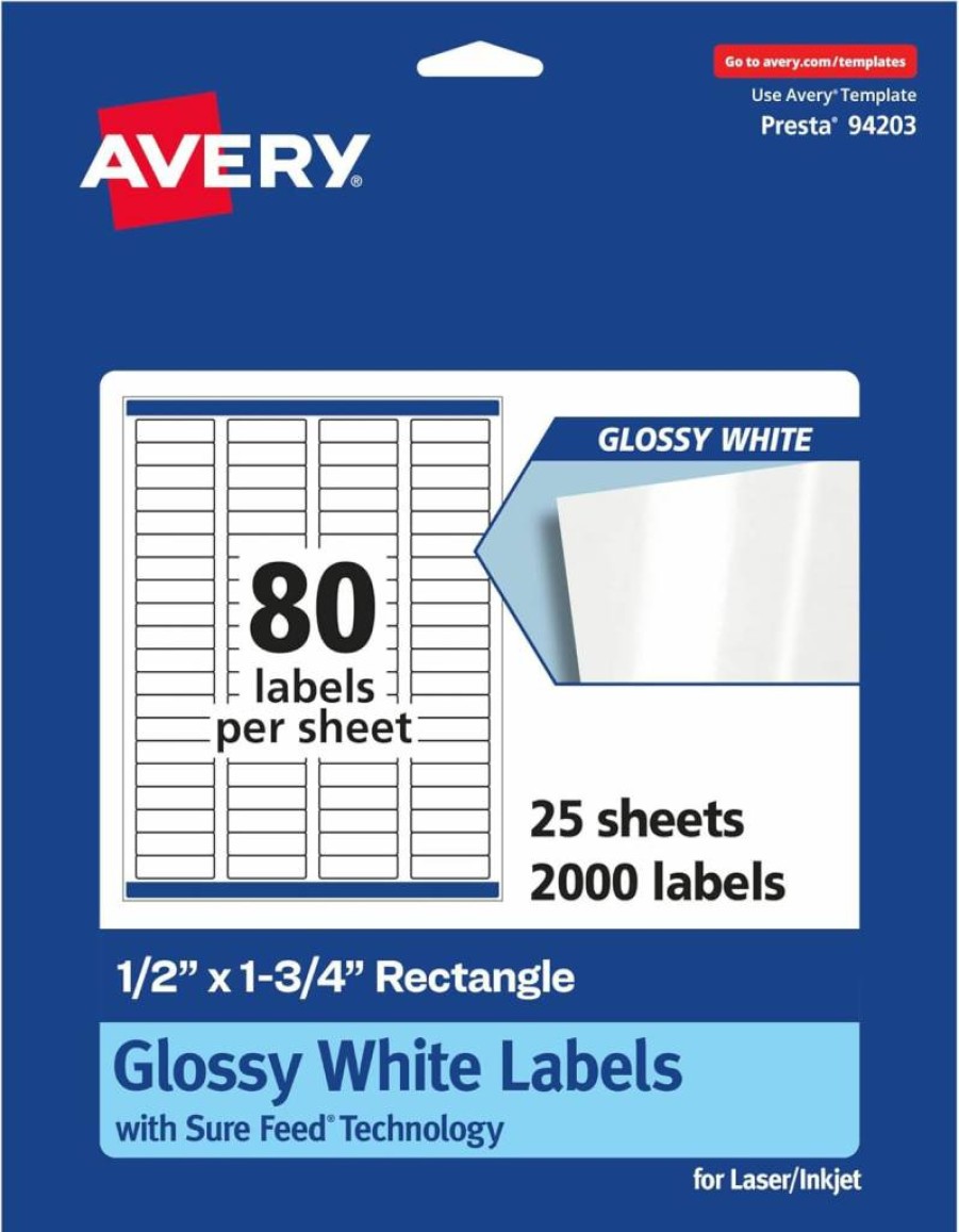 Avery 36445 Glossy White Rectangle Labels, 0.5" x 1.75", 400 Pack, Sure Feed Technology for Laser/Inkjet Printers
