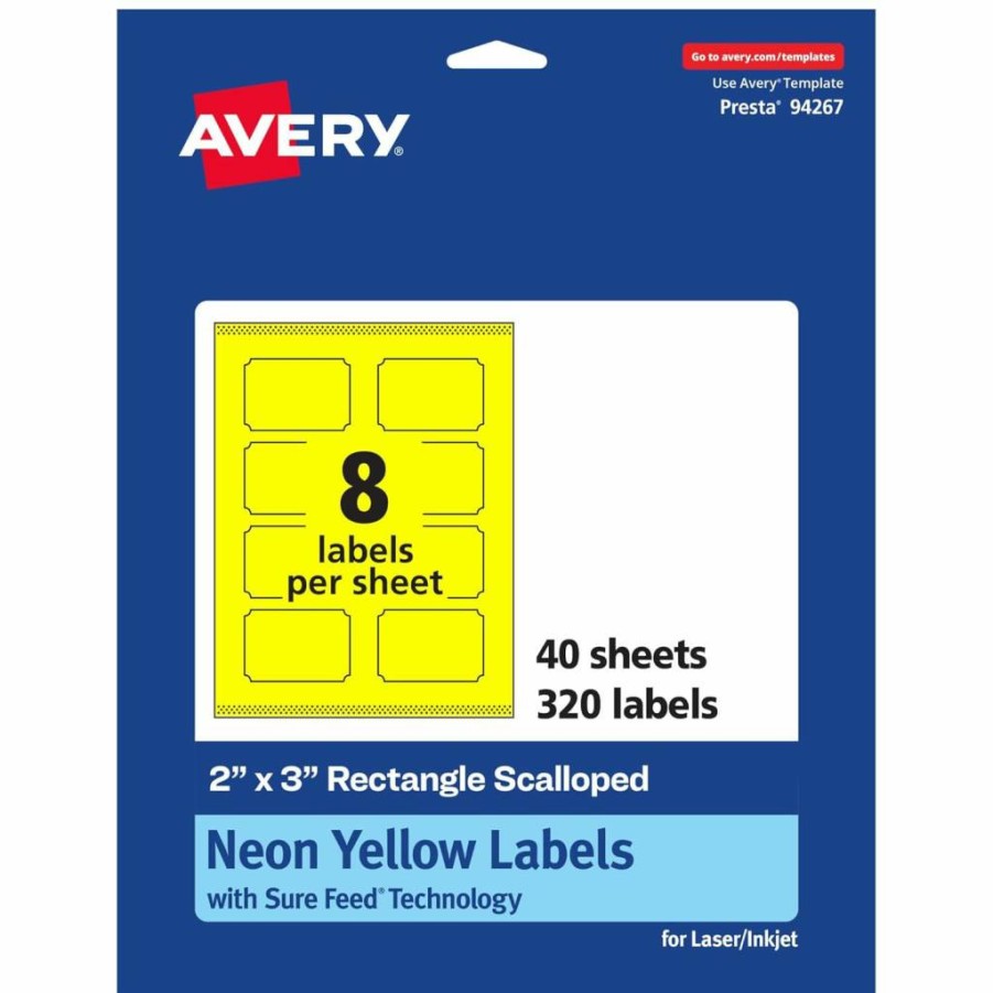 Avery Neon Yellow Printable Scalloped Labels 2" x 3" - 80 Pack, Sure Feed Technology, Laser/Inkjet Compatible, Print-To-The-Edge for Mailing & Candles