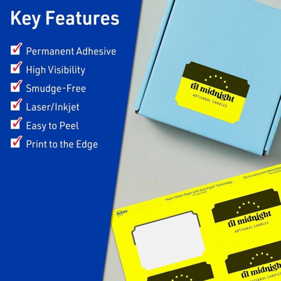 Avery Neon Yellow Printable Scalloped Labels 2" x 3" - 80 Pack, Sure Feed Technology, Laser/Inkjet Compatible, Print-To-The-Edge for Mailing & Candles