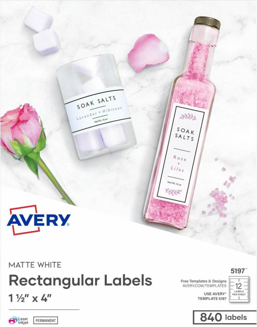 AVERY Matte White Printable Labels 1.5" x 4" - 840 Customizable Rectangle Stickers for Laser & Inkjet Printers (5197)