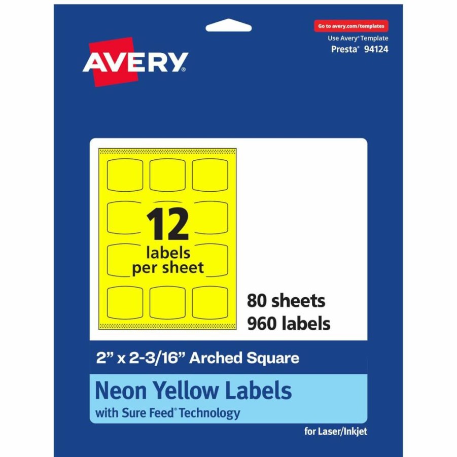 AVERY Neon Yellow Printable Arched Square Labels, 2" x 2-3/16", Sure Feed Technology, 240-Pack, Laser/Inkjet Compatible, Print-To-The-Edge for Cosmetics & Soaps