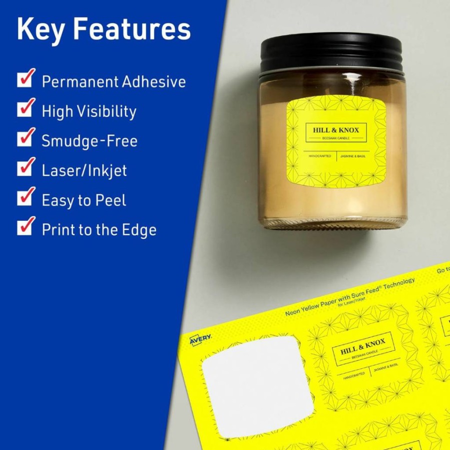AVERY Neon Yellow Printable Arched Square Labels, 2" x 2-3/16", Sure Feed Technology, 240-Pack, Laser/Inkjet Compatible, Print-To-The-Edge for Cosmetics & Soaps