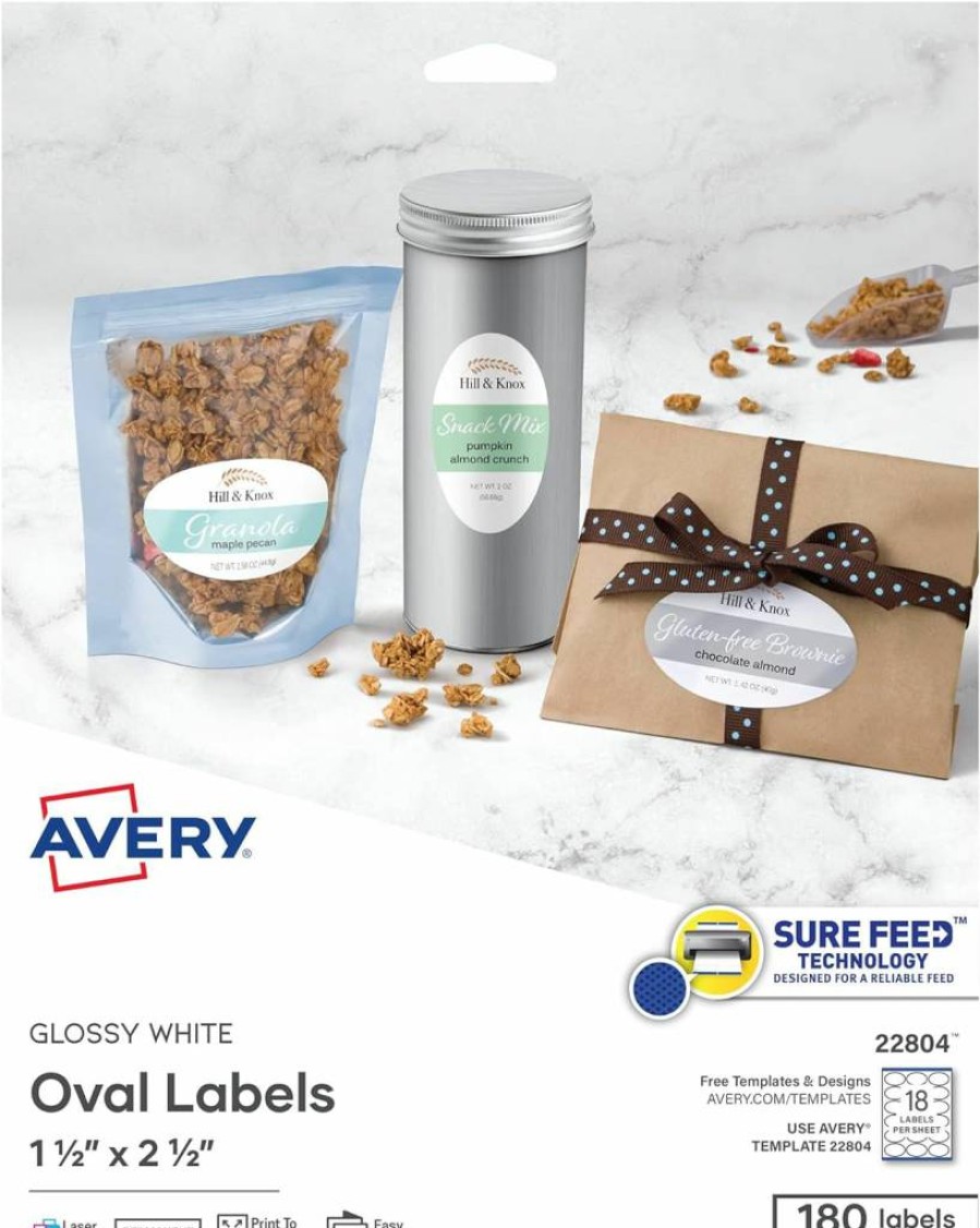 AVERY 22804 Glossy White Printable Oval Labels, 1.5" x 2.5", 180 Customizable Stickers for DIY & Organization