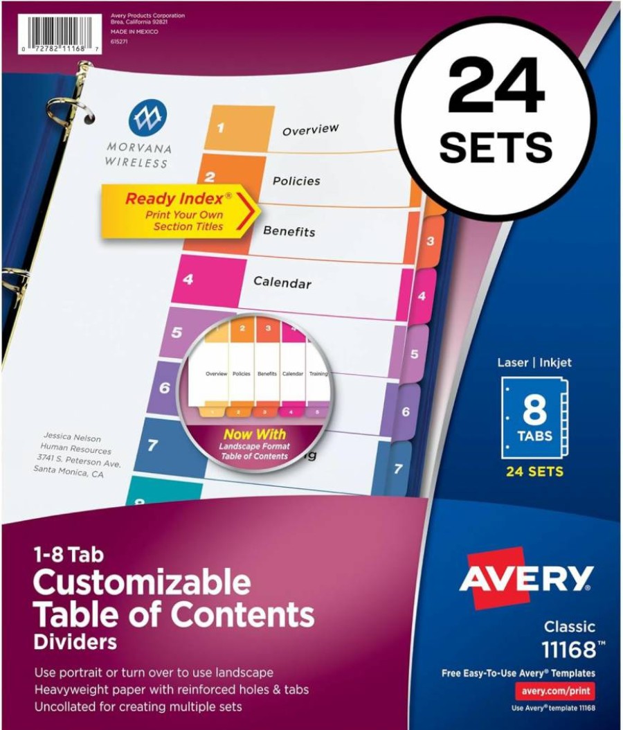 Avery 11168 Customizable 8-Tab Dividers for 3-Ring Binders, 24 Sets with Multicolor Tabs and Table of Contents