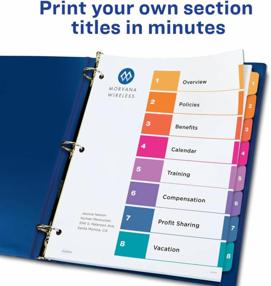 Avery 11168 Customizable 8-Tab Dividers for 3-Ring Binders, 24 Sets with Multicolor Tabs and Table of Contents