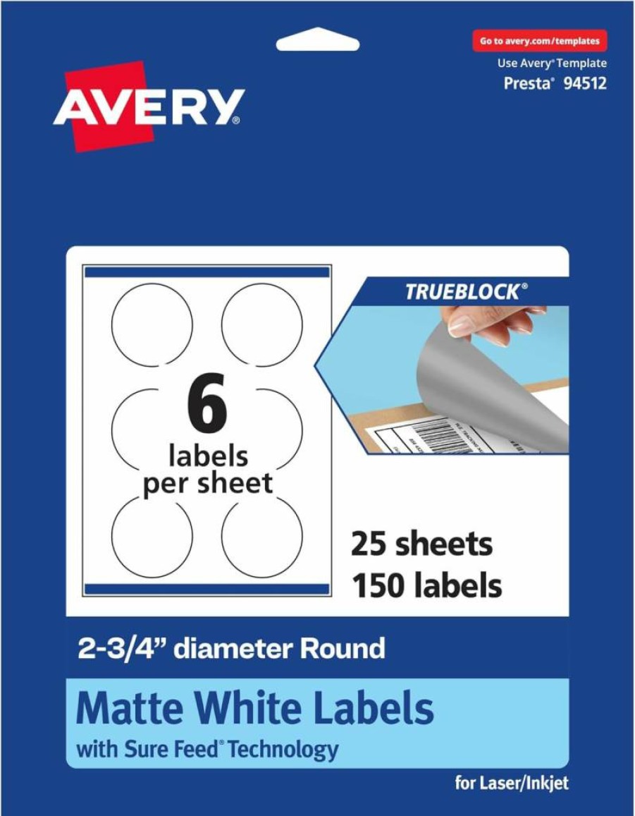 Avery Trueblock Round Labels 2.75" Diameter, 60-Pack Matte White, Sure Feed Technology, Laser/Inkjet Printable, Print-To-The-Edge for Packaging & Product Merchandising