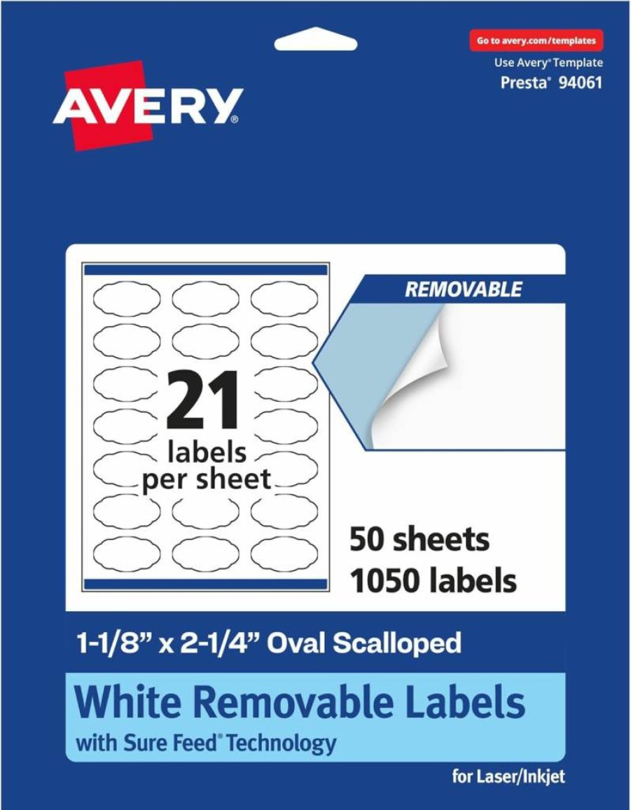 Avery Matte White Removable Oval Scalloped Labels with Sure Feed Technology, 1-1/8" x 2-1/4", 315-Pack, Laser/Inkjet Printable, Print-To-The-Edge Design