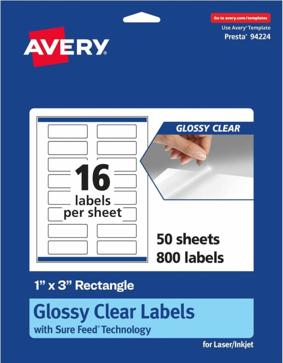 Avery Glossy Clear Rectangle Labels 1" x 3" - 160 Pack, Sure Feed Technology, Edge-to-Edge Printing, Compatible with Laser & Inkjet Printers