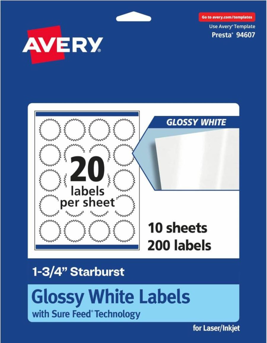 Avery Glossy White Starburst Labels 1.75" - 200 Pack, Sure Feed Technology, Print-To-The-Edge for Laser/Inkjet, Permanent Adhesive, High-Quality Glossy Finish